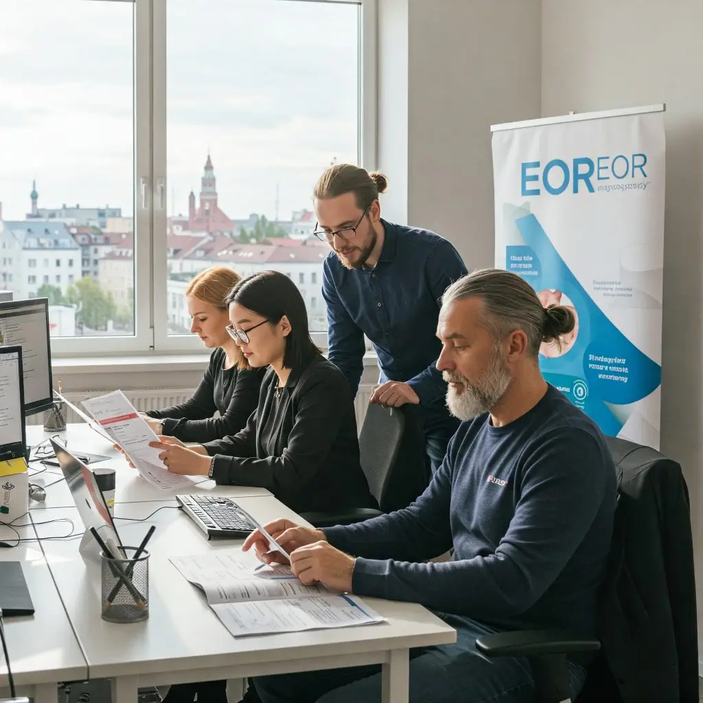 A scene portraying employees in Poland (perhaps in a diverse workplace setting) receiving information or accessing resources related to their benefits, such as health insurance or leave entitlements, with a subtle hint that these are being managed efficiently by an external provider (the EOR). This visual would connect to the discussion of employee benefits and how an EOR administers them.