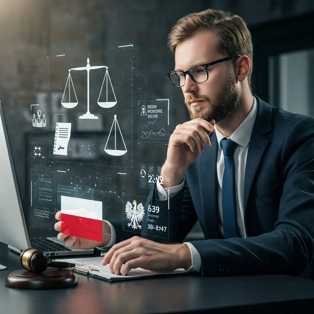 An illustration depicting legal documents or a digital interface displaying Polish labour law symbols (such as scales of justice or the Polish eagle), being meticulously organised and managed by a professional, representing the Employer of Record ensuring compliance with Polish employment regulations